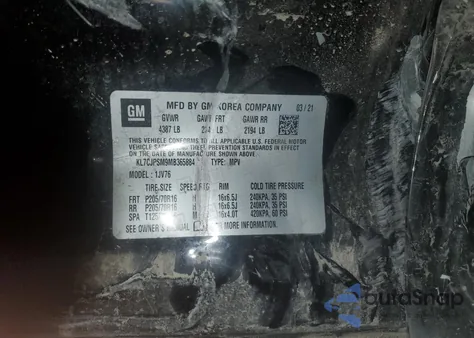 2021 Chevrolet Trax 1Lt z USA, uszkodzony, nr VIN KL7CJPSM9MB365884